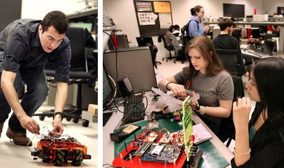 Students testing circuits on small, computer-controlled cars
