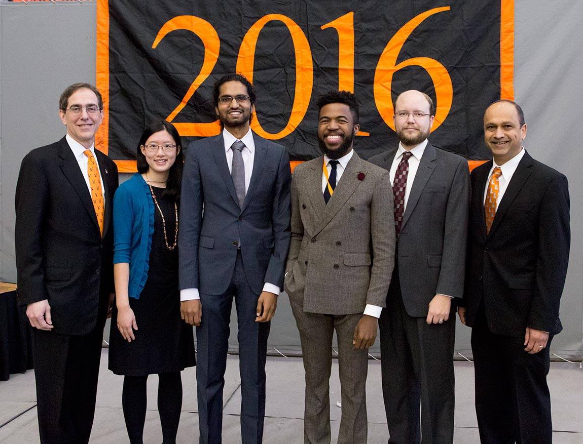Alumni Day 2016 President Eisgruber with Joshua Bennett, Kellen Funk, Carlee Joe-Wong and Rajesh Ranganath and Sanjeev R. Kulkarni
