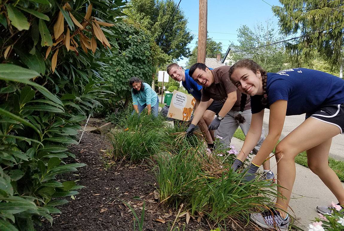 Orientation 2016 Sylvie Thode, a first-year student from New York City, Andres Irribarra, a first-year student from Chile, Justin Hamilton, a first-year student from Limestone, Maine, and Maria LoBiondo, Editorial Coordinator with Development Communications in the Office of Development, help clean up the gardens outside Princeton Nursery School 