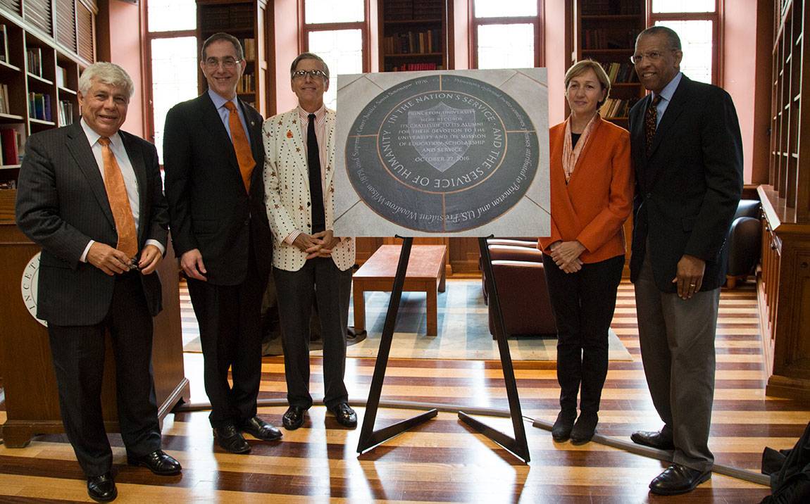 Charter Day installation of new medallion Robert Durkee,  President Eisgruber, Jeffrey Wieser, Sara Judge, Brent Henry in Chancellor Green