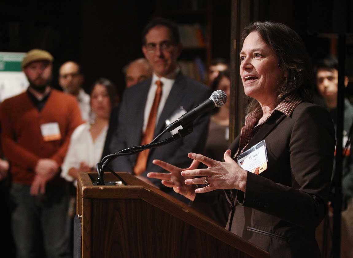 Emily Carter, dean of the School of Engineering and Applied Science, spoke about the several new engineering initiatives, including new fabrication and imaging facilities hosted in the Andlinger Center for Energy and the Environment, and new emphases on bioengineering and smart, resilient cities.