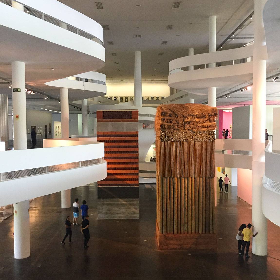 Brazilian sculptor Lais Myrrha's "Dois pesos, duas medidas" (Two weights, two measures, or Double Standard) installed in the pavilion that Brazilian architect Oscar Niemeyer designed for the 1957 São Paulo Bienal