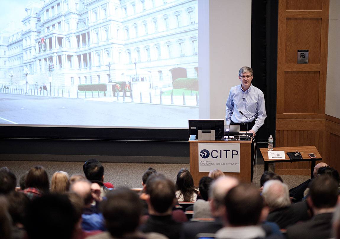 Ed Felten at podium speaking to Center for Information Technology Policy audience