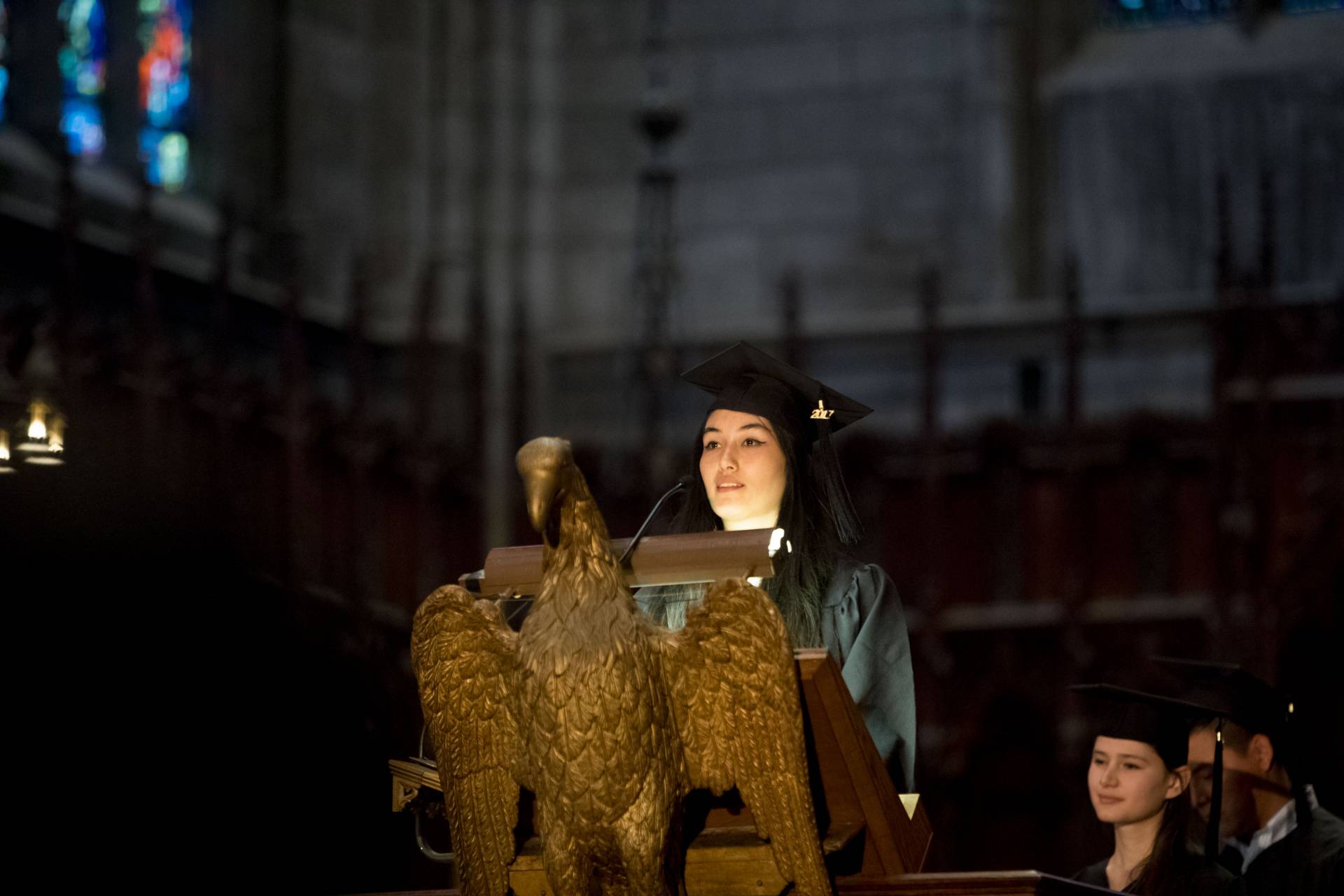 Yun-Yun Li at podium during Baccalaureate 2017 ceremony