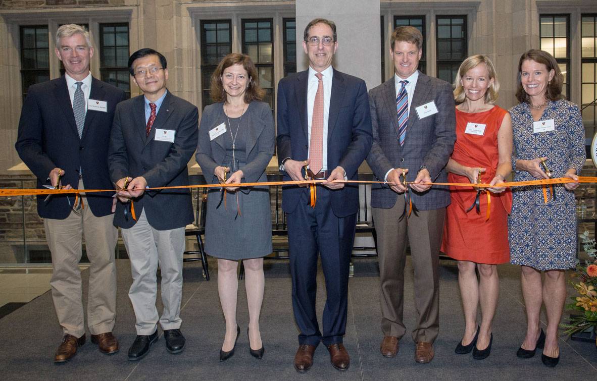 Paul Wythes Jr., Professor Yu Xie, Provost Deborah Prentice, President Christopher L. Eisgruber, John Knoll, Linda Wythes Knoll and Jennifer Wythes Vettel,
