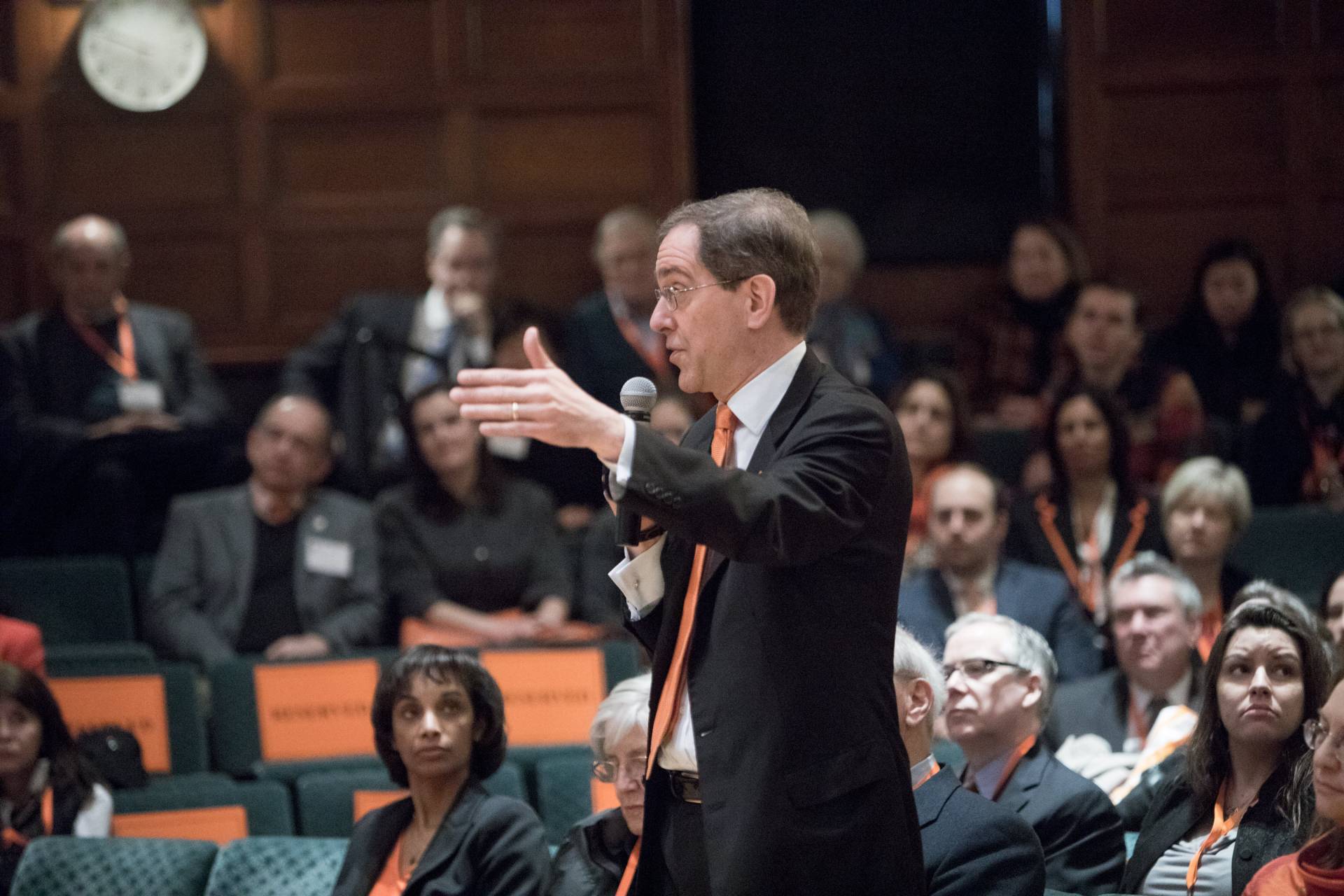 Christopher L. Eisgruber asks a question during Q&A session