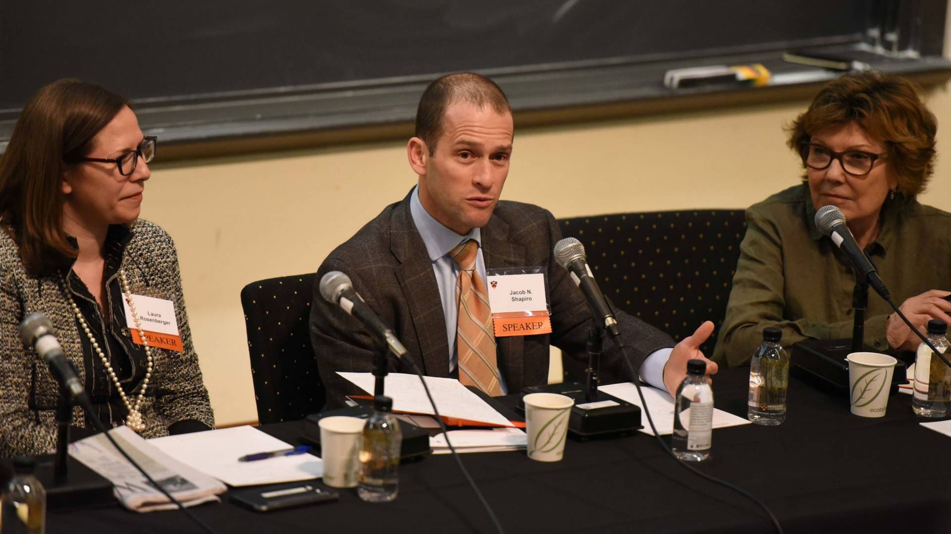 Panel Laura Rosenberger, Jacob Shapiro, Deborah Amos addressing audience