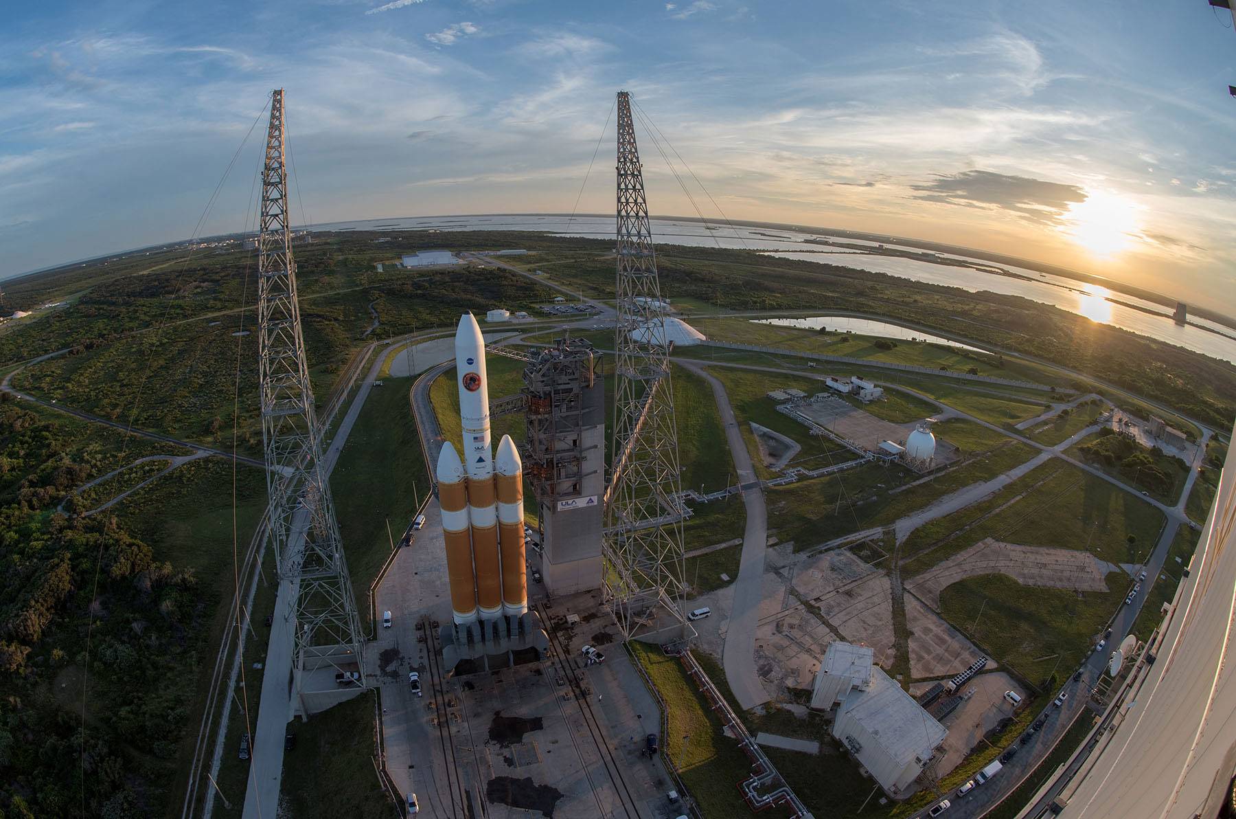 The rocket carrying the Parker Solar Probe sits on the launch pad