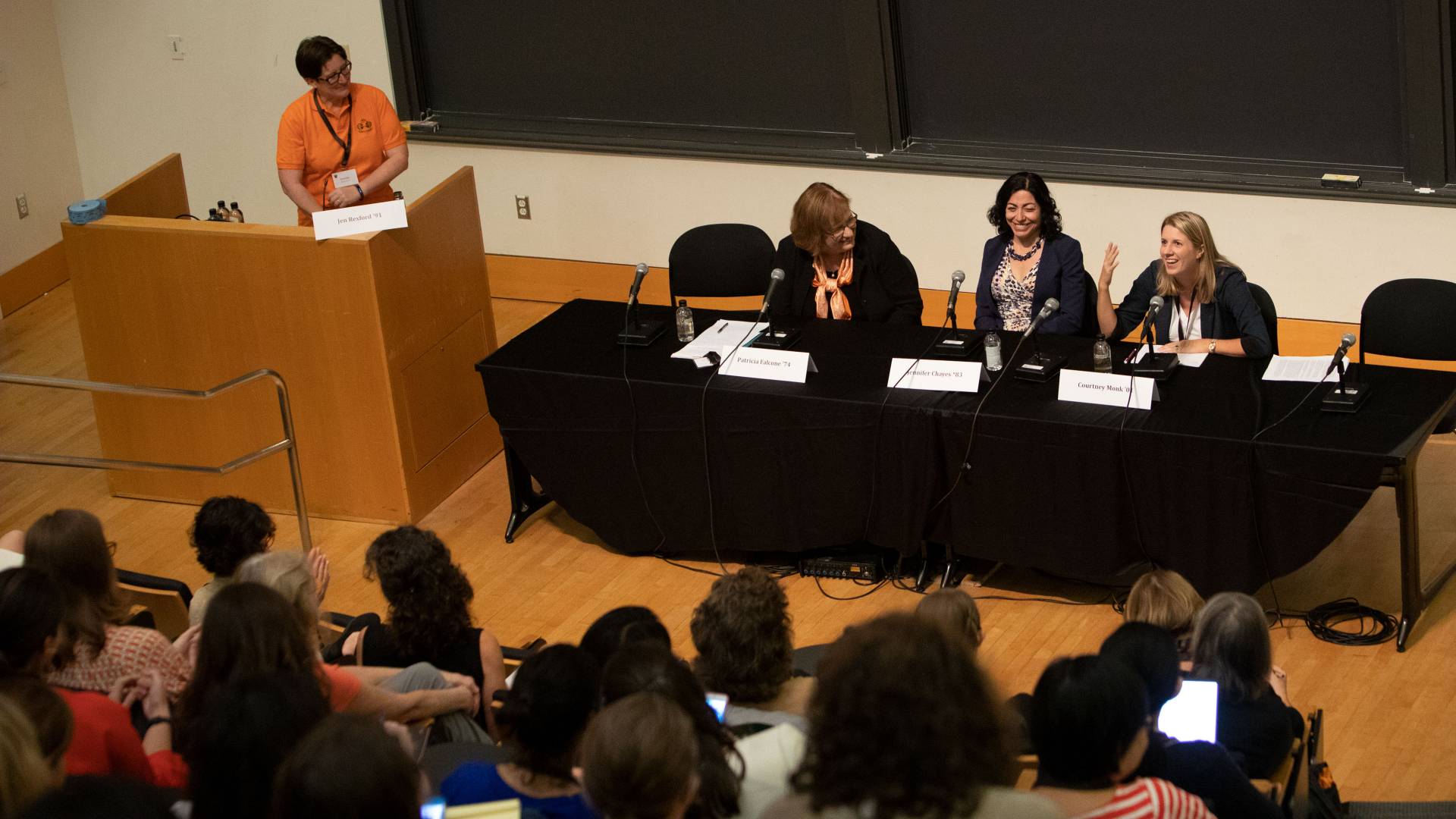 Jennifer Rexford '91 at podium; at table left to right: Patricia Falcone '74, Jennifer Chayes *83, Courtney Monk '01