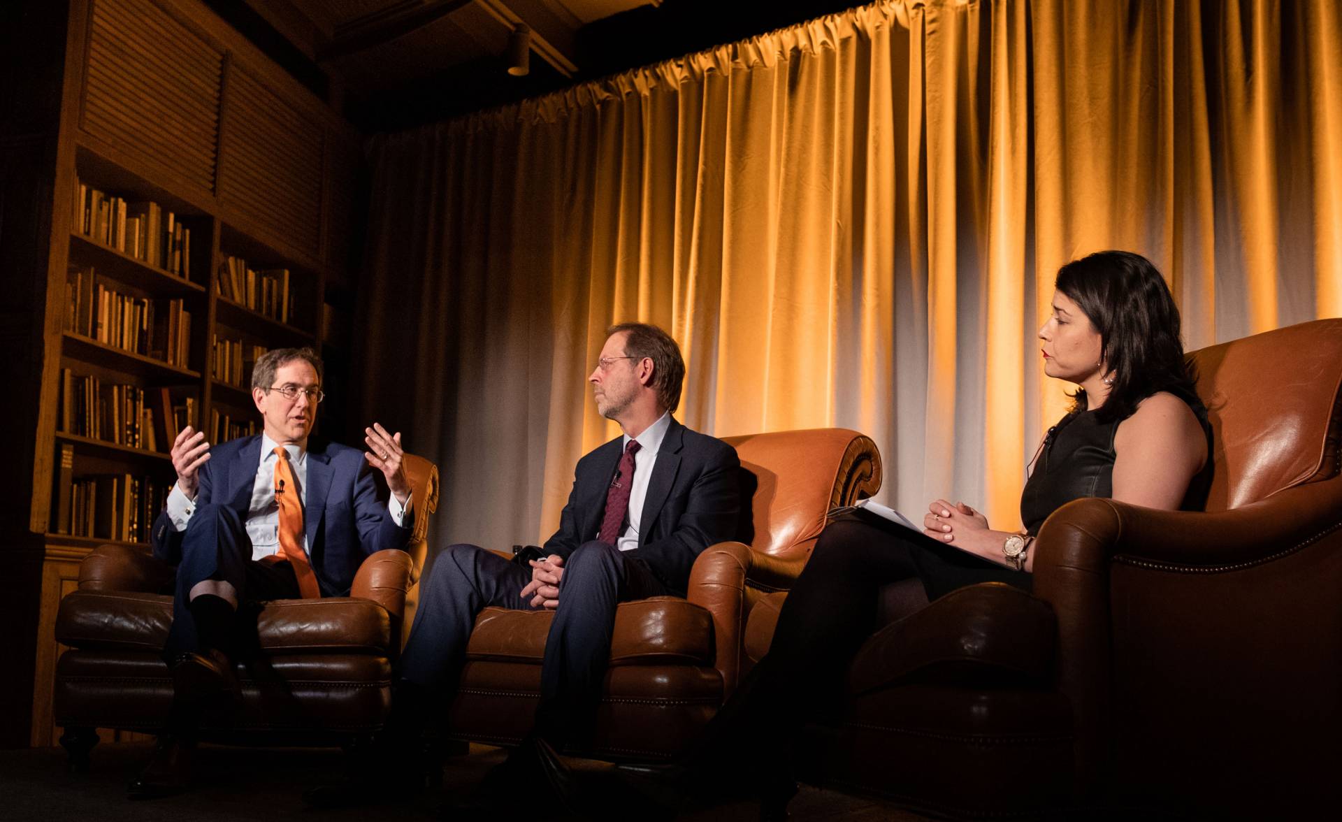 Christopher Eisgruber, Daniel Portferfield and Khristina Gonzalez speaking on panel