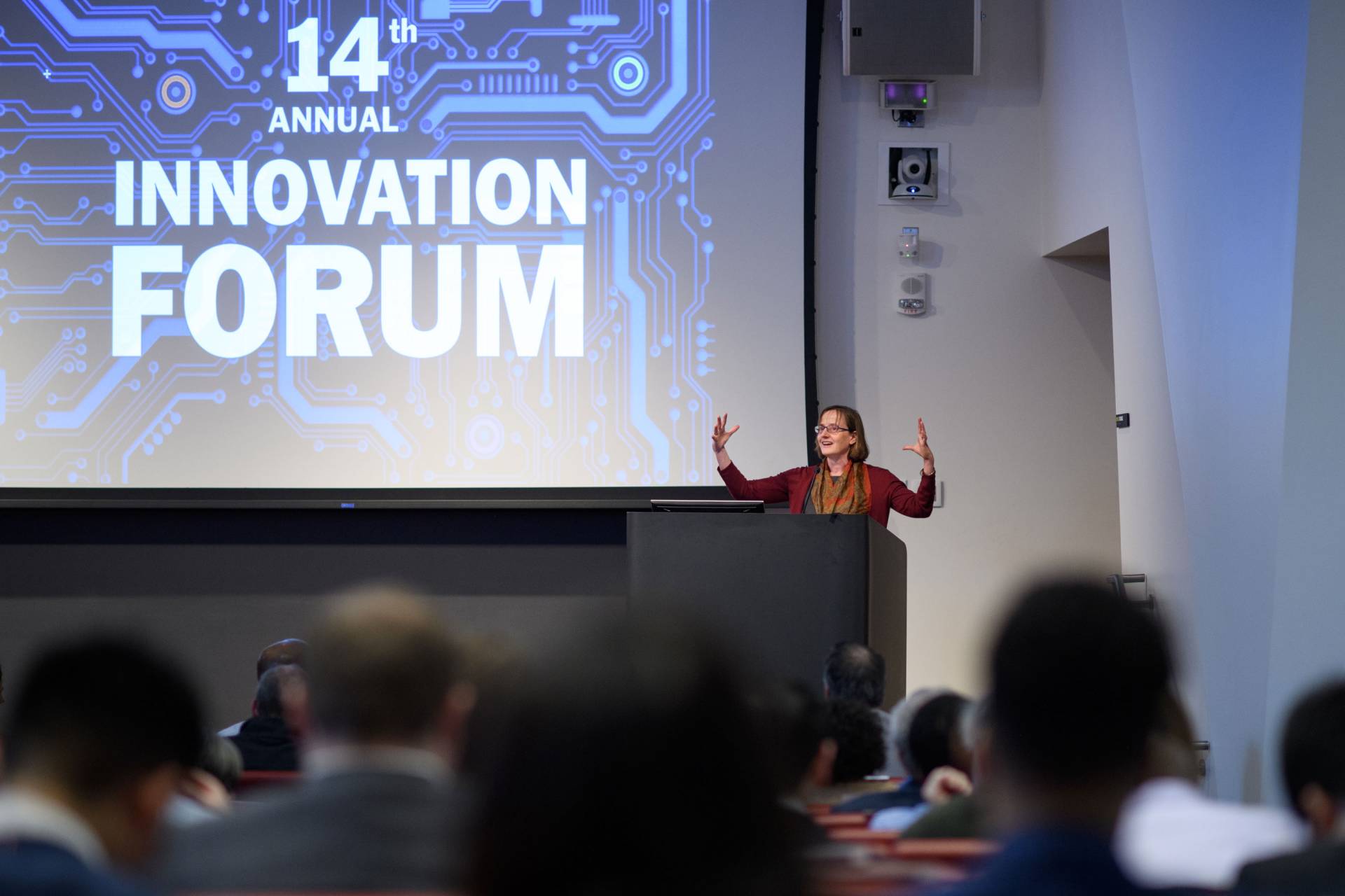 Margaret Martonosi speaking on stage at the Innovation Forum