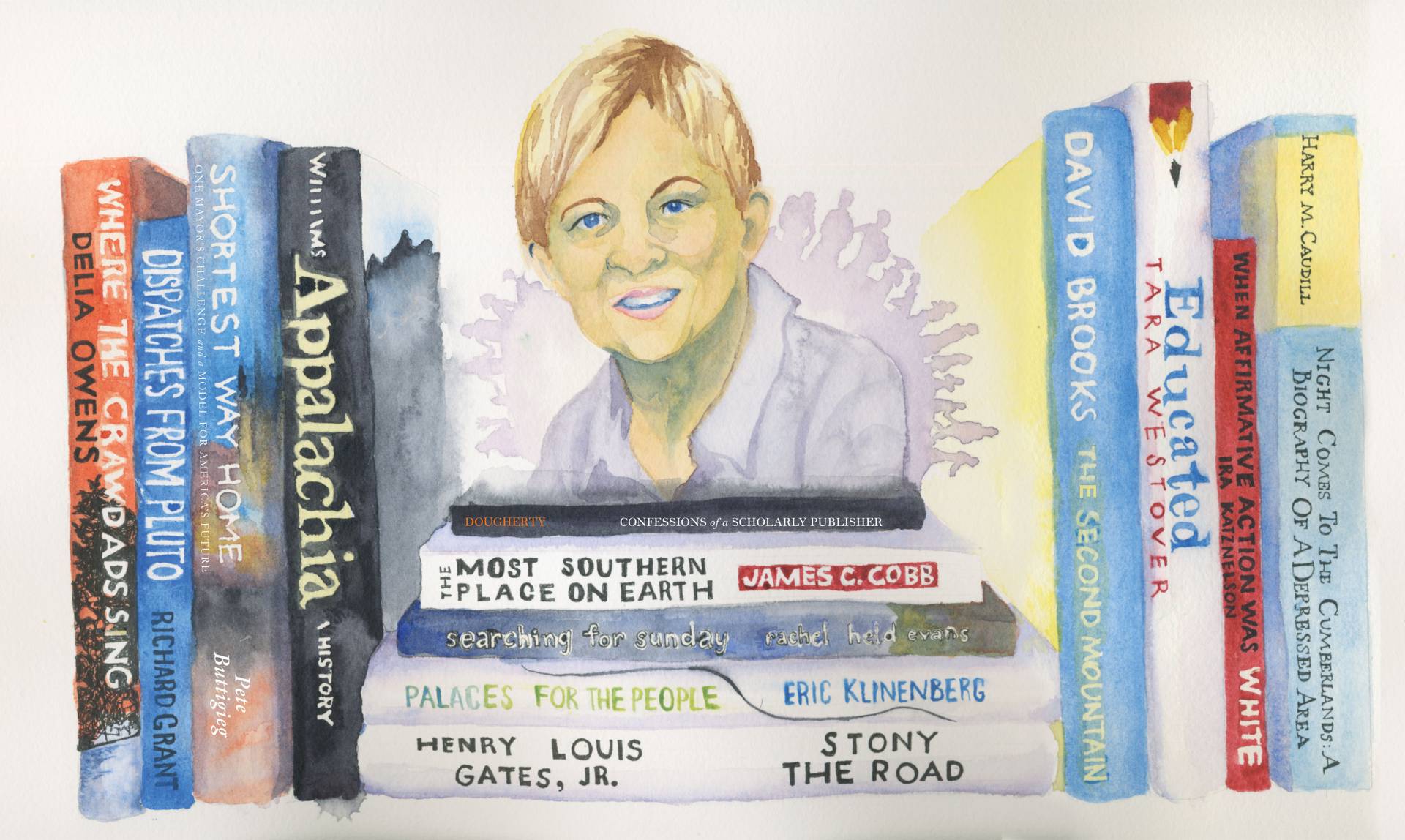 Portrait of Kathryn Edin with a silhouttes of families behind her and books she will read this summer in front