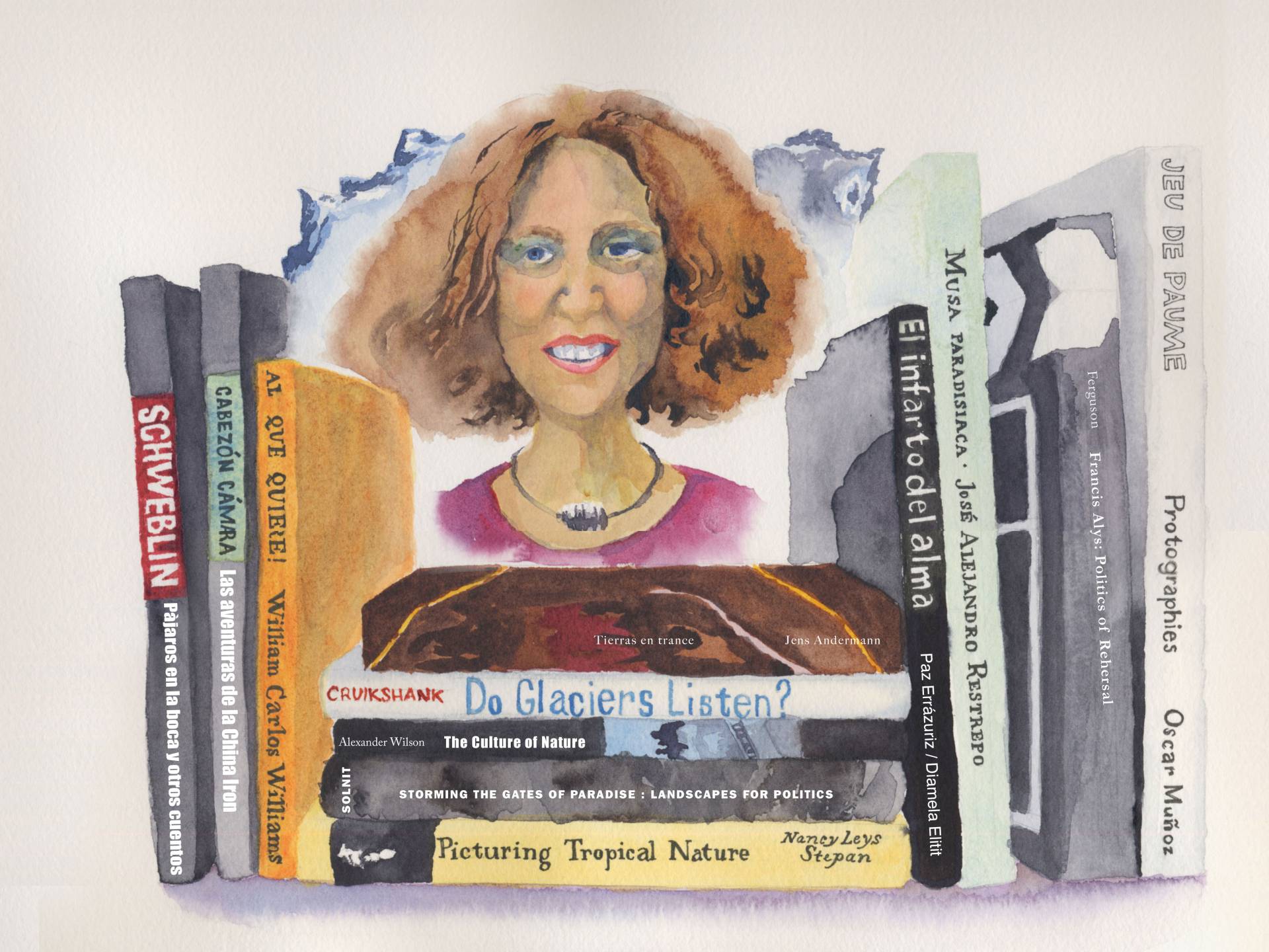 Portrait of Maria Gabriela Nouzeilles with an Andean mountain landscape behind her and books she will read this summer in front