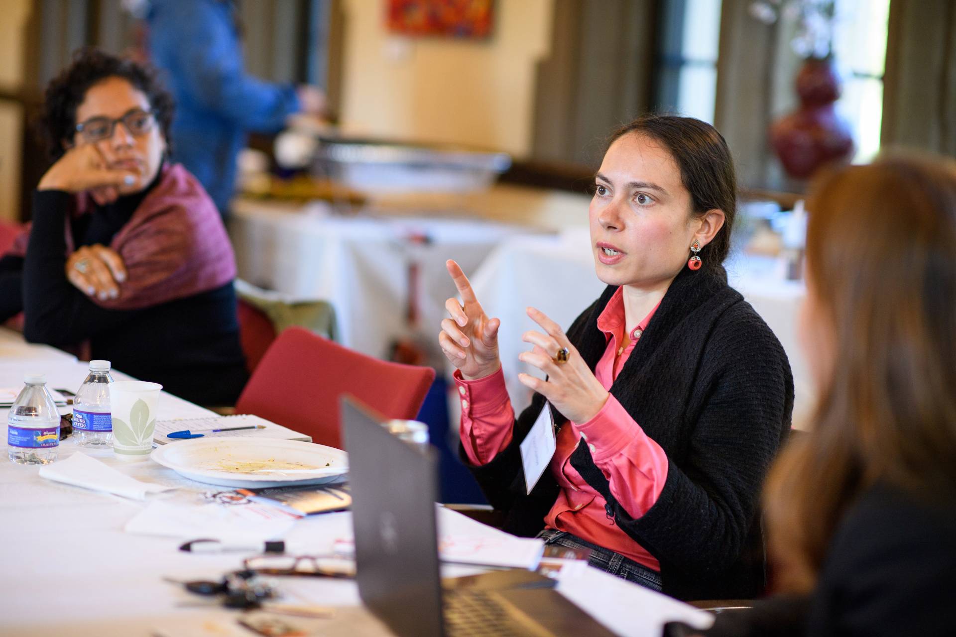 Faculty speak while sitting around a table