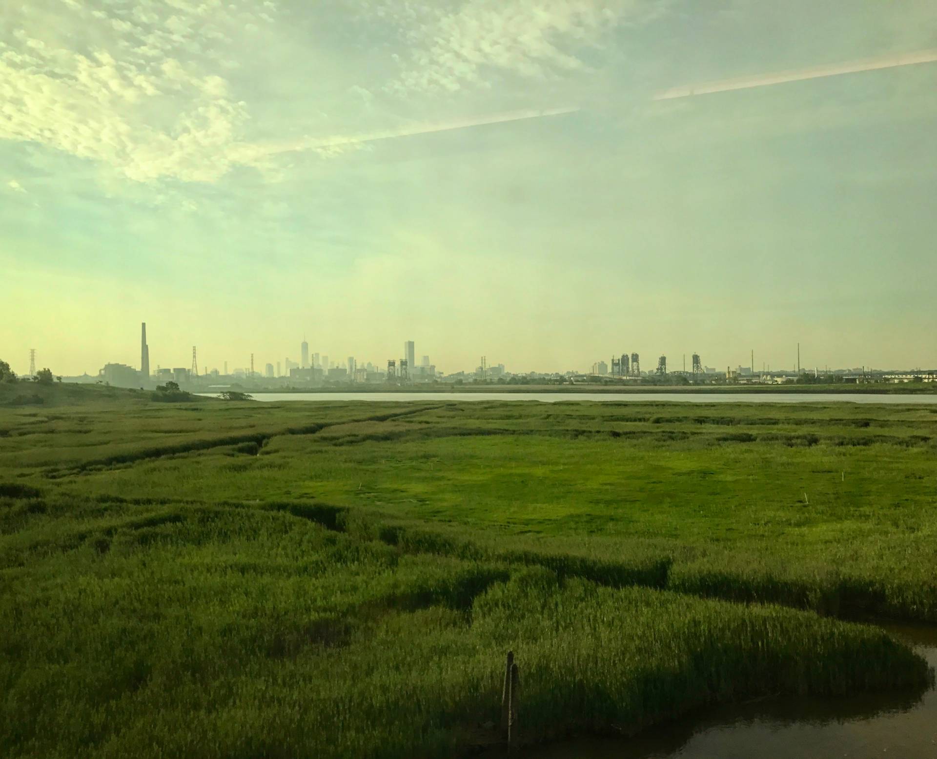 green fields with cityscape in the distance
