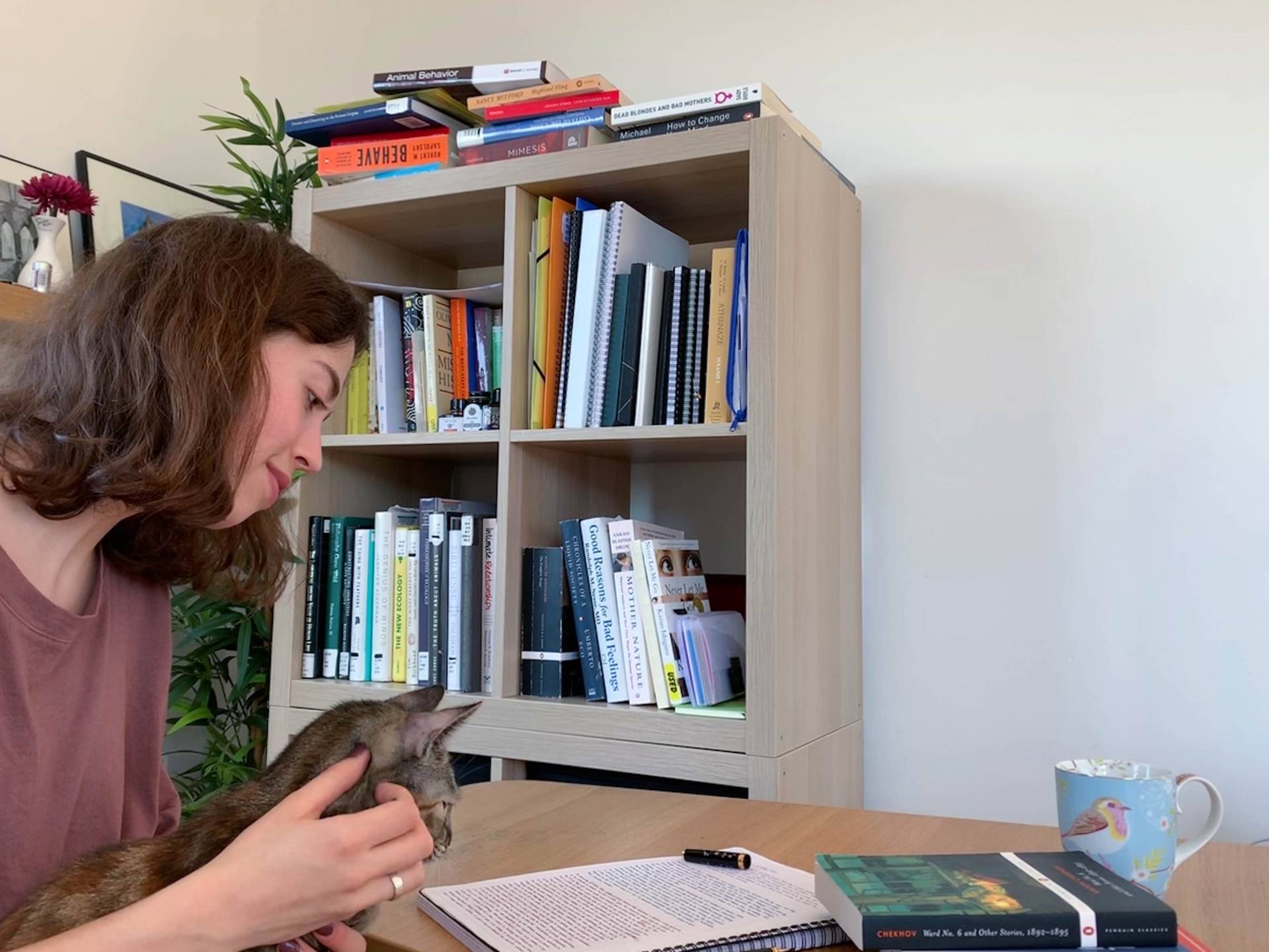 Charlotte Adamo studies with her cat