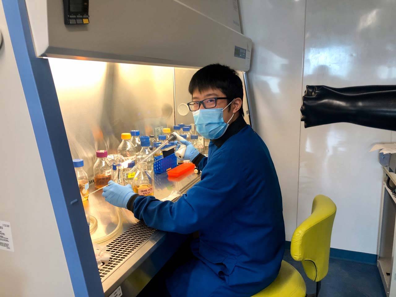 A researcher sits at a chemistry workstation