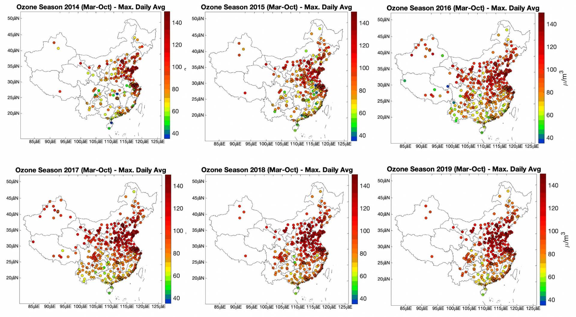graphs indicating rising ozone levels in China