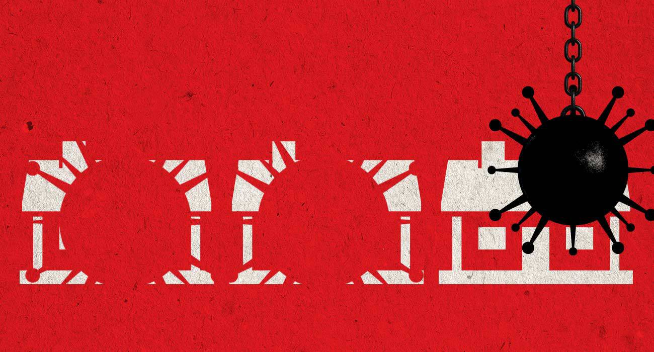 Illustration of COVID-shaped wrecking ball in front of houses