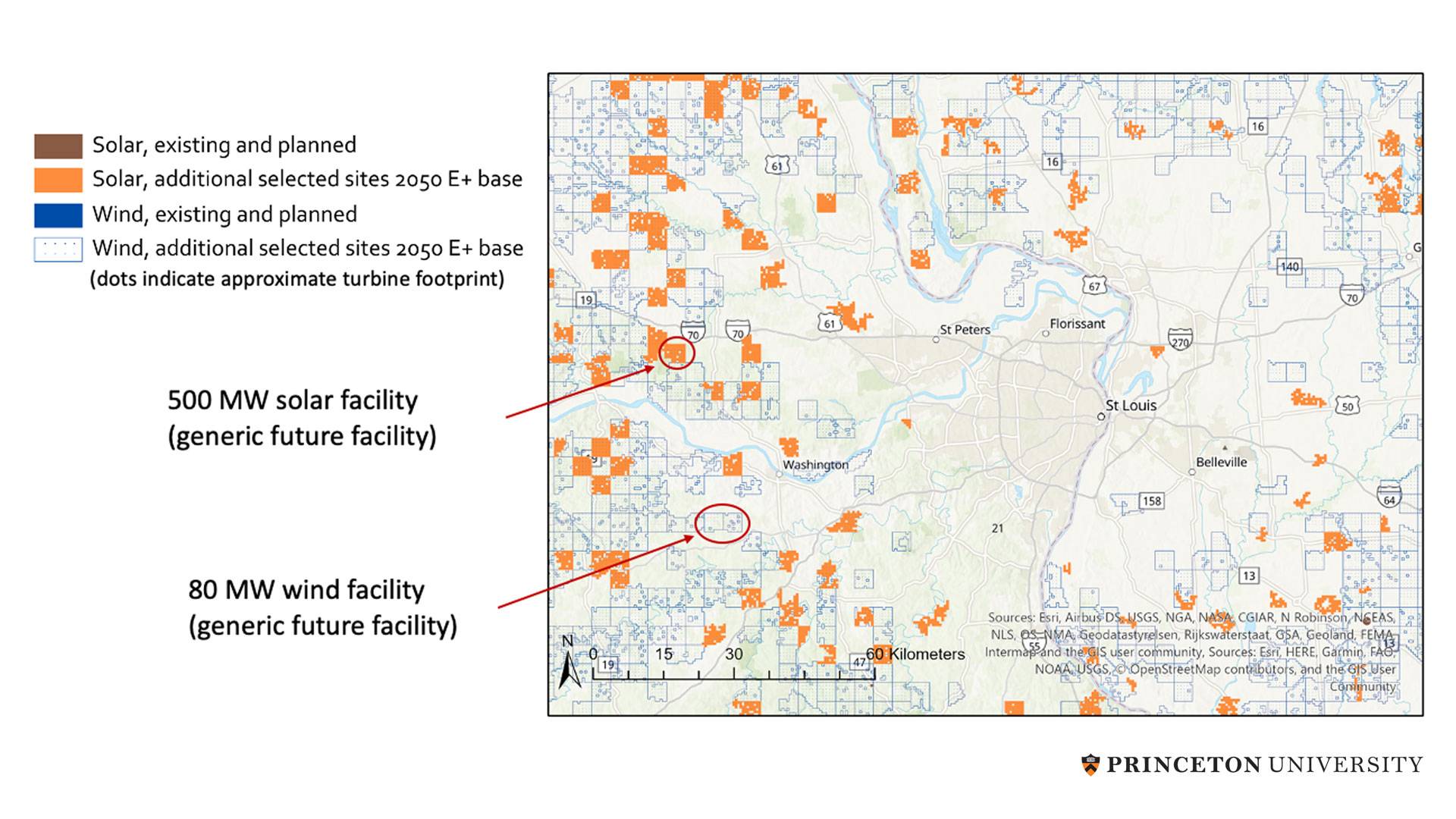 Map Key: Solar, existing and planned. Solar, additional selected sites 2050 E+ base. Wind, existing and planned. Wind, additional selected sites 2050 E+ base (dots indicate approximate turbine footprint. Arrows pointing to a map: 1. 500 MW solar facility (generic future facility) 2. 80MW wind facility (generic future facility) Cities marked: St. Peters, Florissant, St.Louis, Washington, Belleville. Sources: Esri, Airbus, NGA, NASA, CGIAR, N Robinson, NCEAS, NLS, OS, NMA, Geodatastyrelsen, Rijkswaterstaat, G