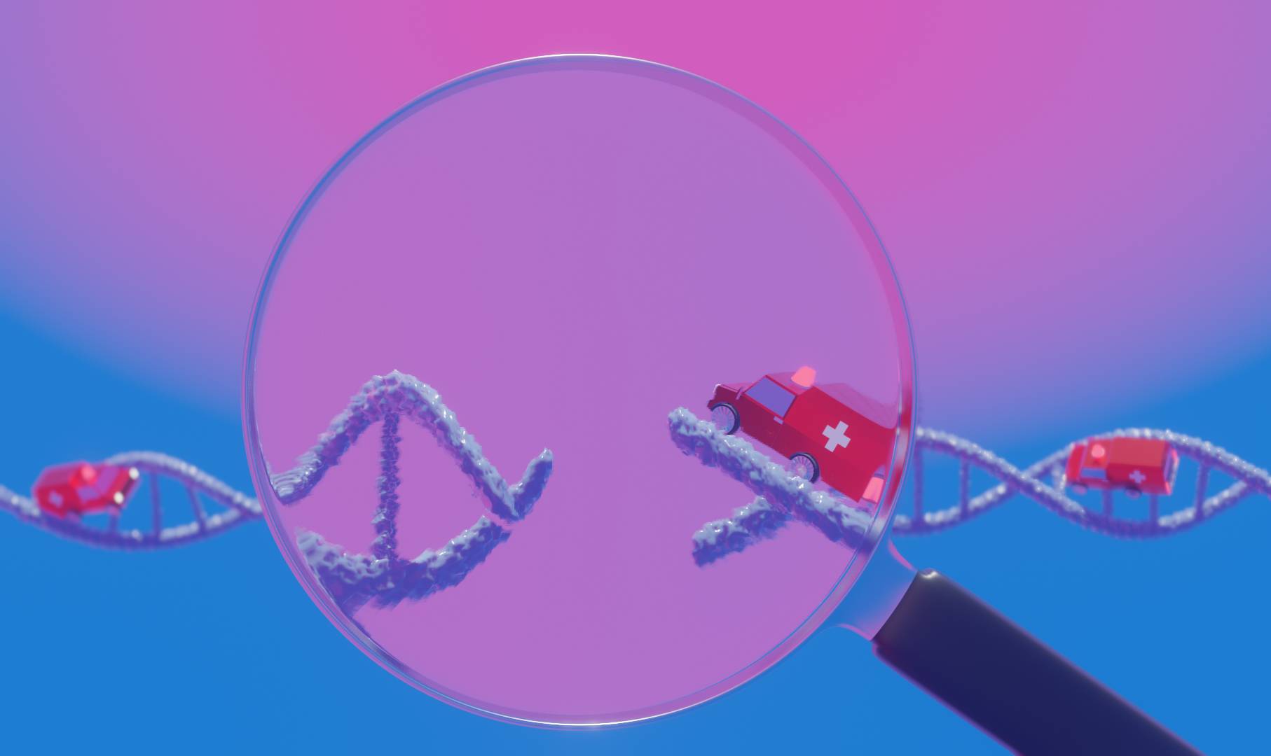 Two ambulances careen towards a broken part of a strand of DNA which is magnified by a glass