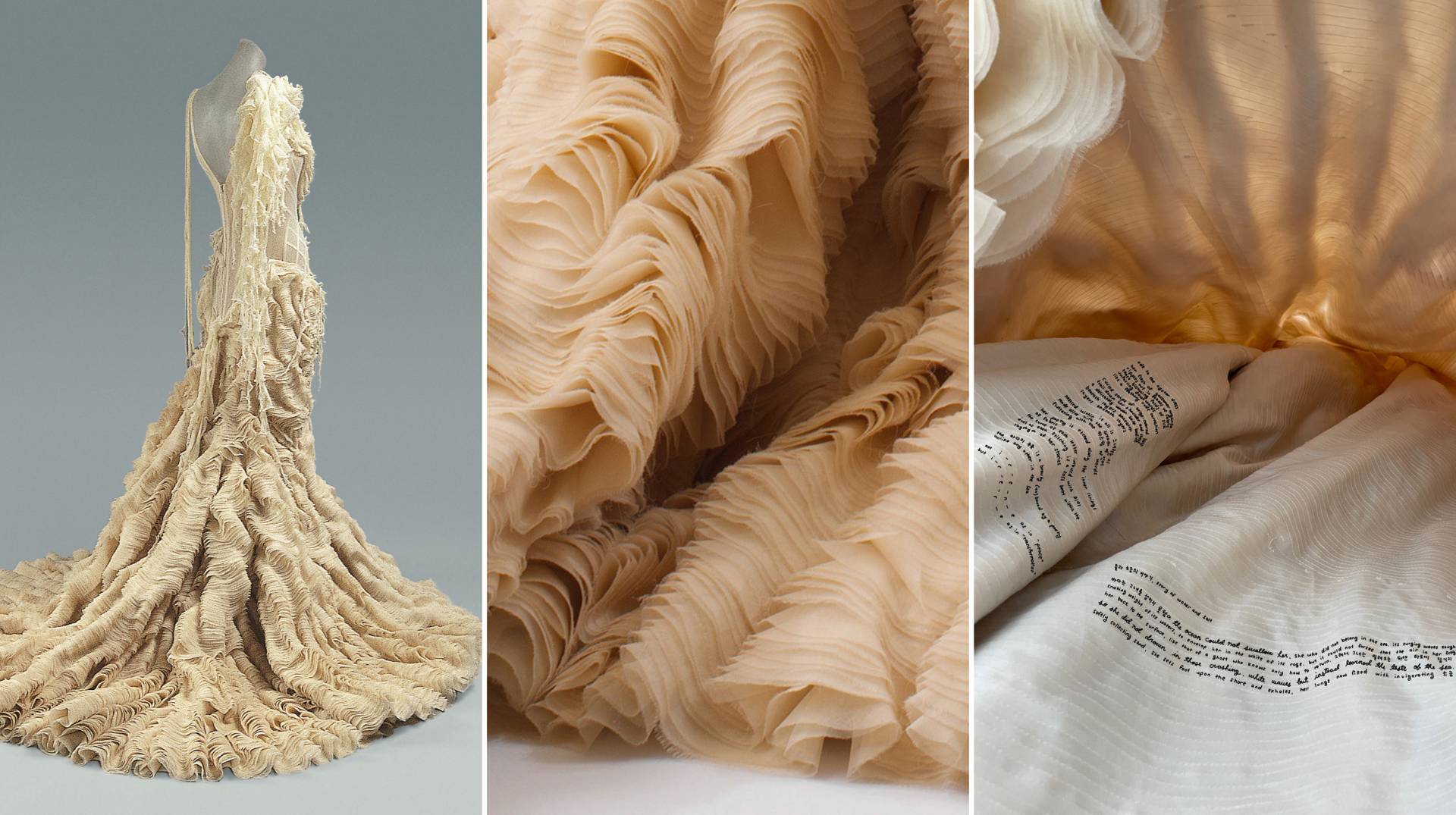 Oyster dress, detail of the dress's layers, writing inside the dress