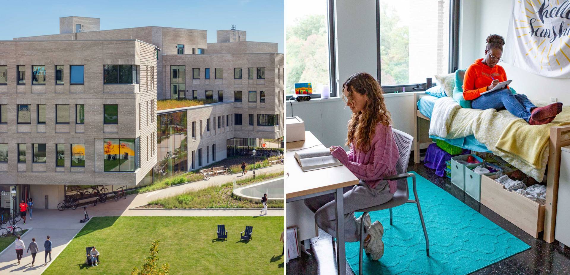 Students walk in green spaces between Yeh and New College West and two students studying in a dorm room