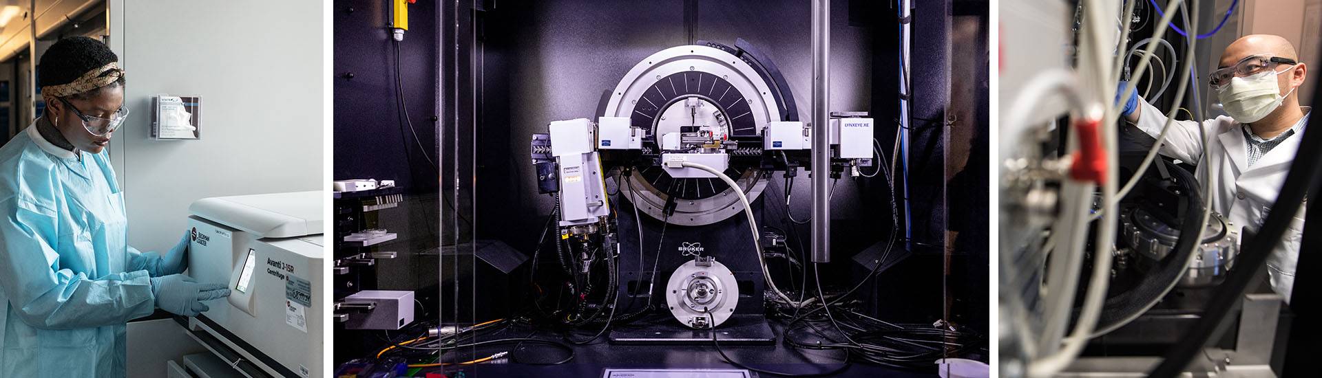 Three pictures in a strip: A young woman pressing a button on a machine; a large shiny instrument; a man adjusting wires on a complicated instrument.