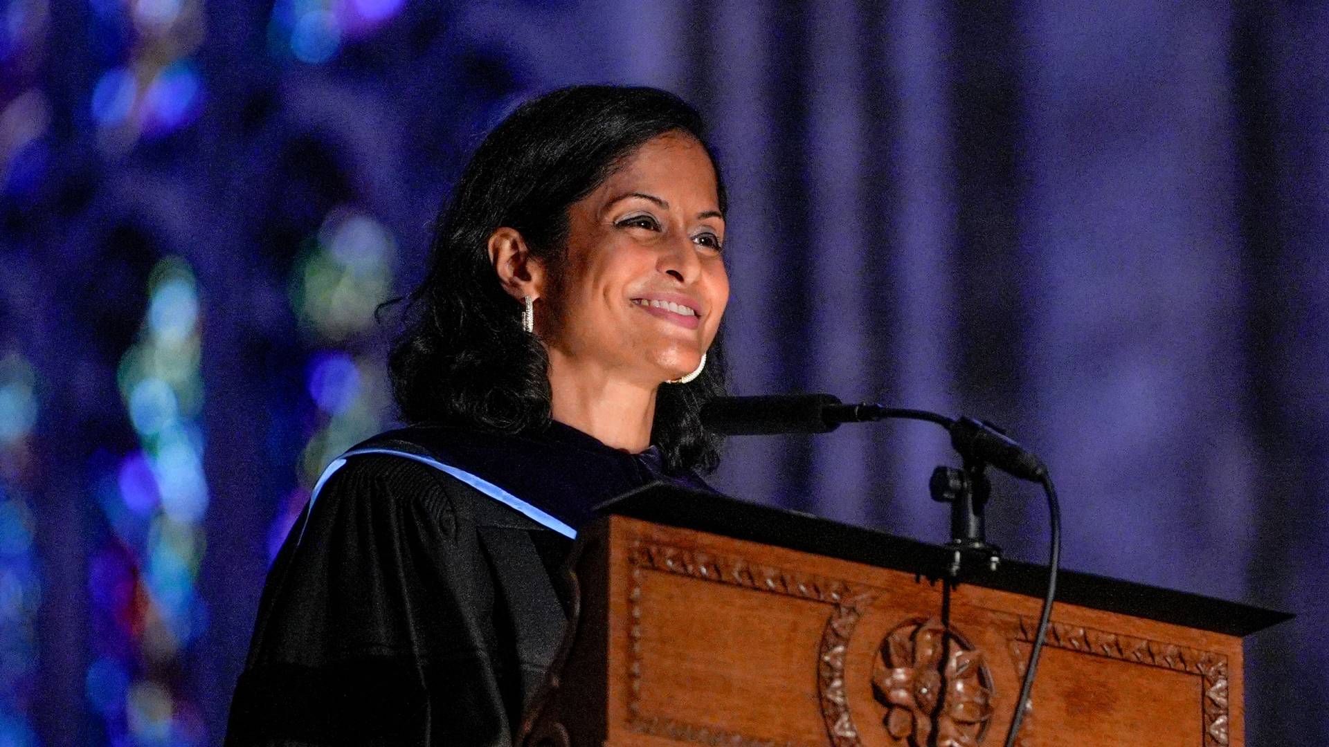 Judge Choudhury at the podium