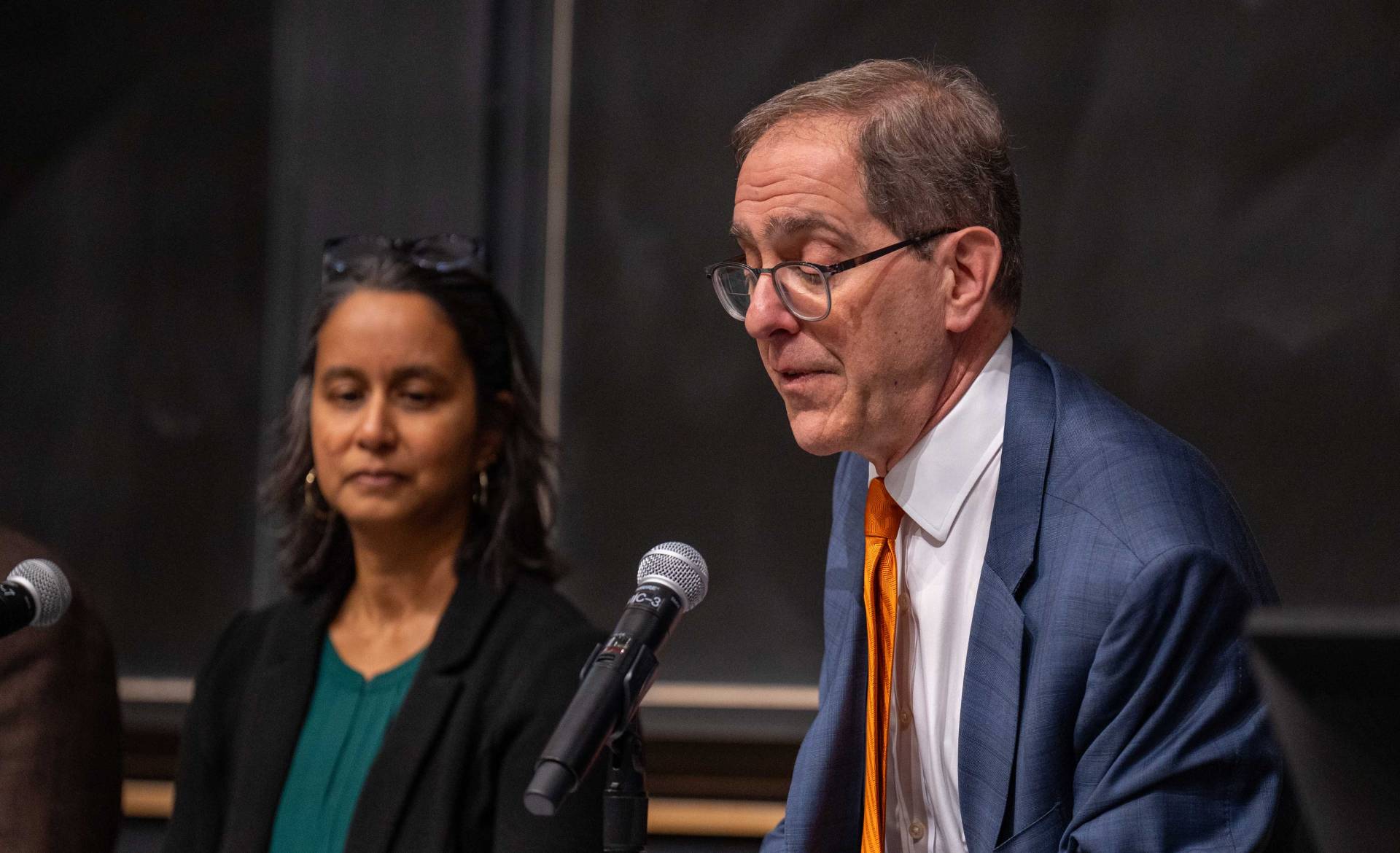 Mala Murthy and President Christopher Eisgruber at the Nobel Press conference