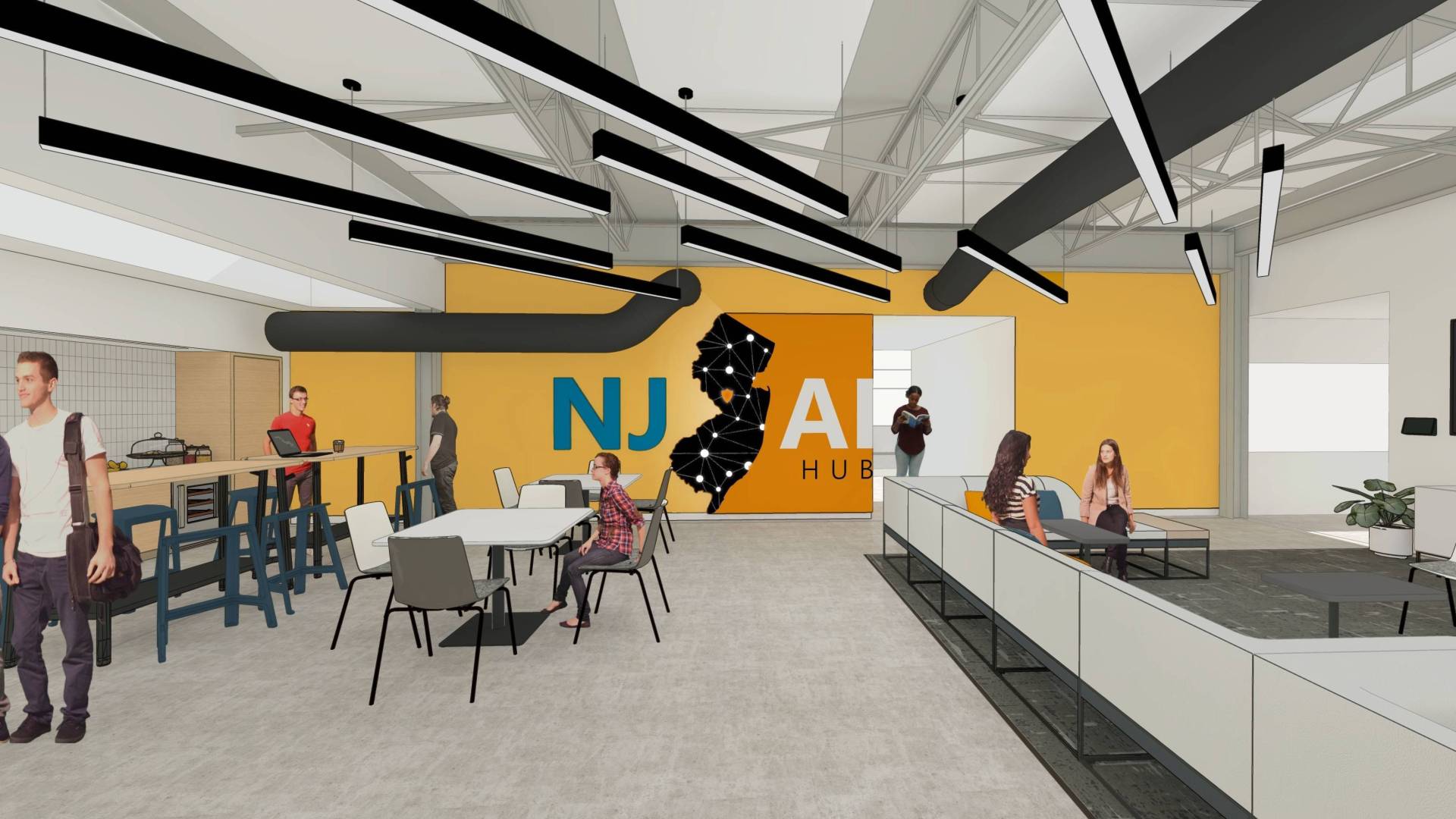 Rendering of the New NJ AI Hub space interior being enjoyed by many people.