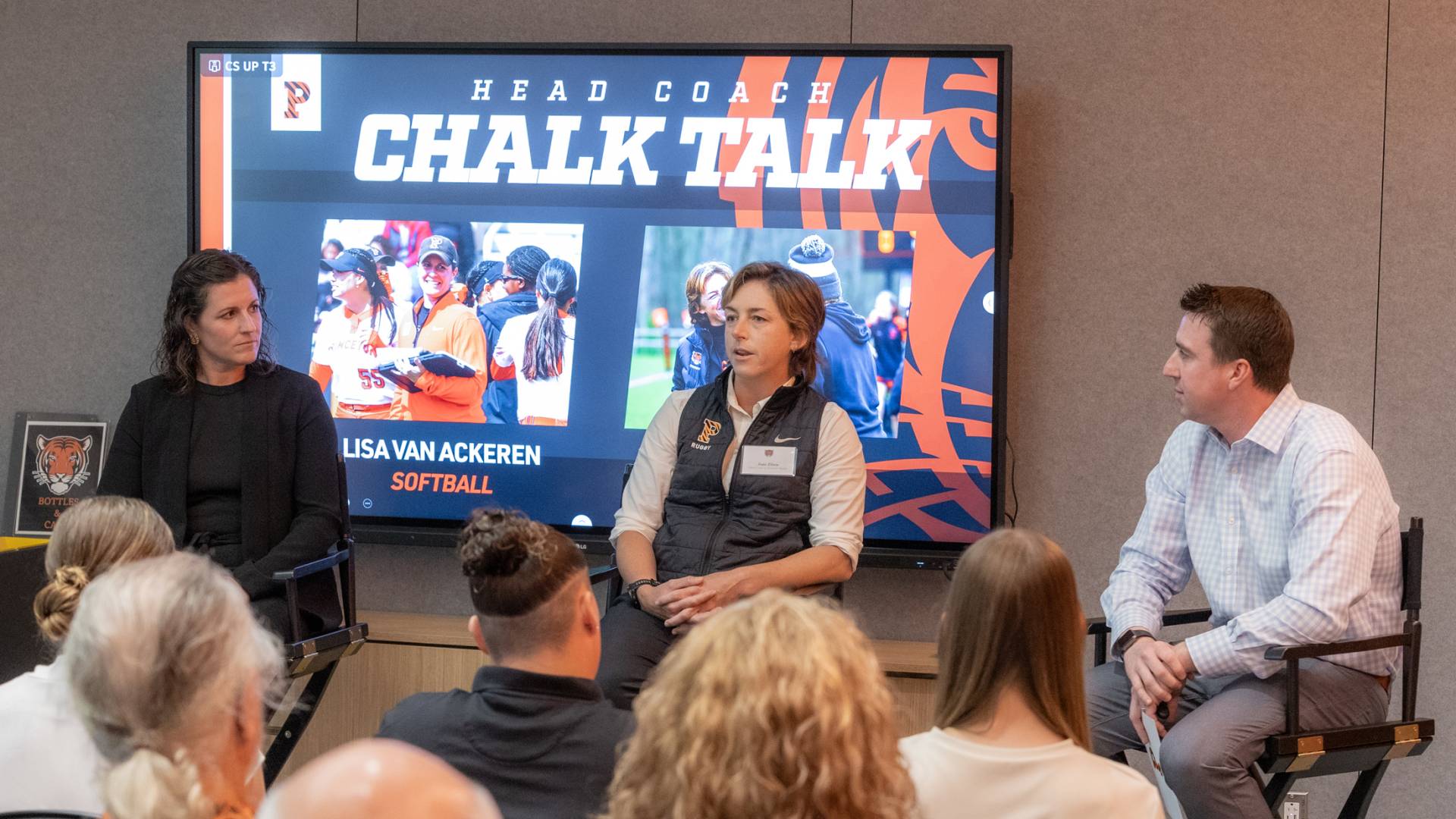 One of the day's "chalk talk" sessions with Princeton coaches.