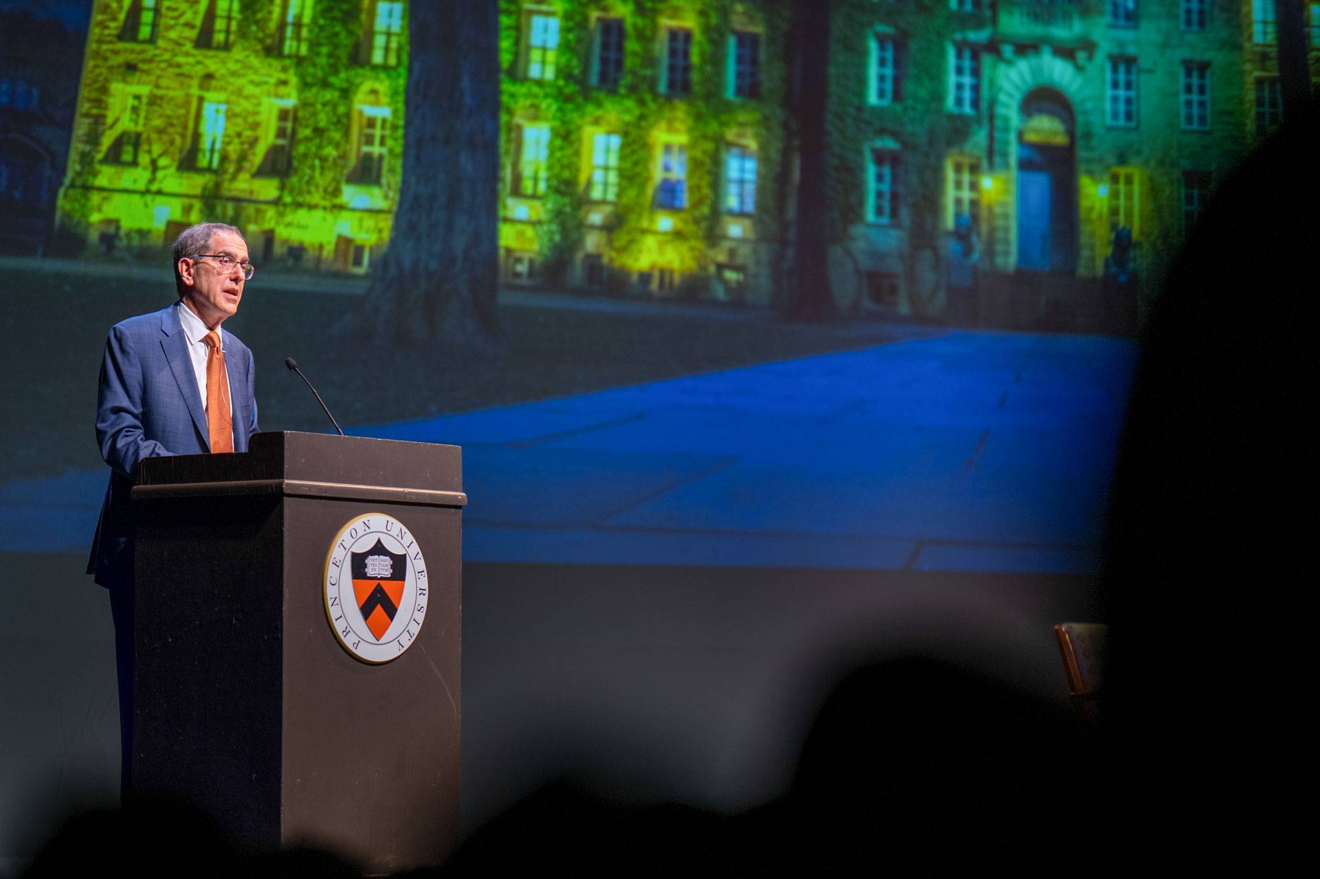 Christopher L. Eisgruber speaks at the podium.