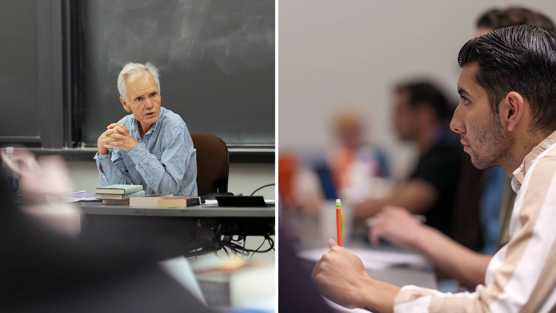 Split-screen image of professor seated at desk and a student in classroom holding pencil