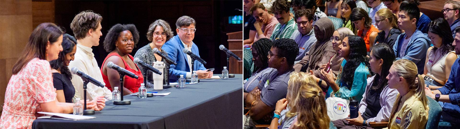 Six panelists at left in a split screen arrangement, with their audience at right.