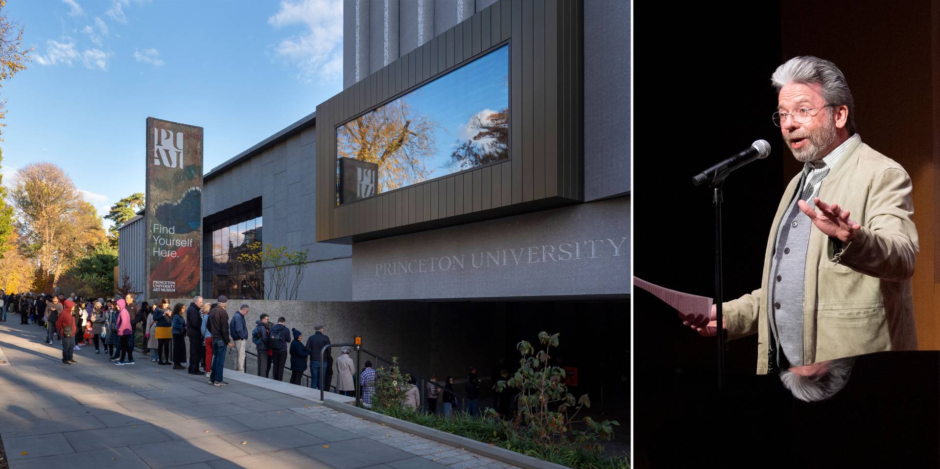 University and community members line up outside the museum.