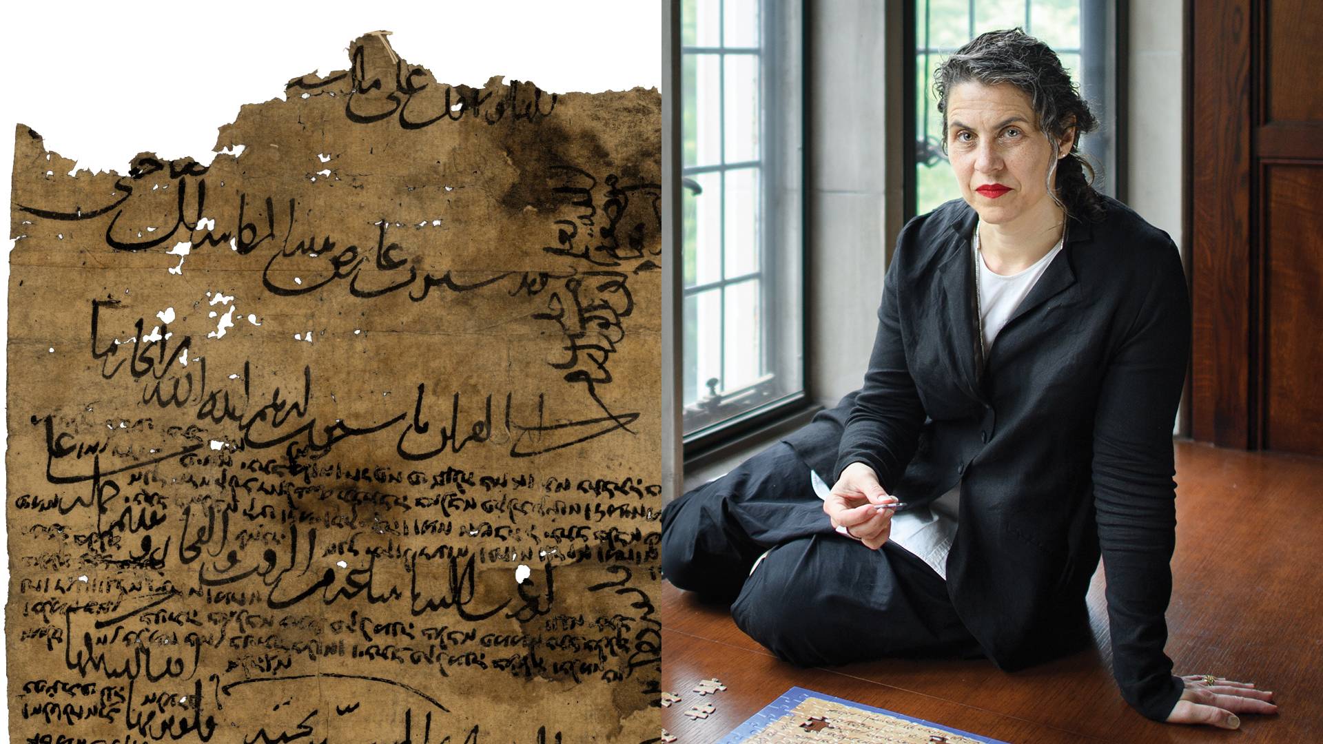 Marina Rustow and a detail of medieval text from Cairo.