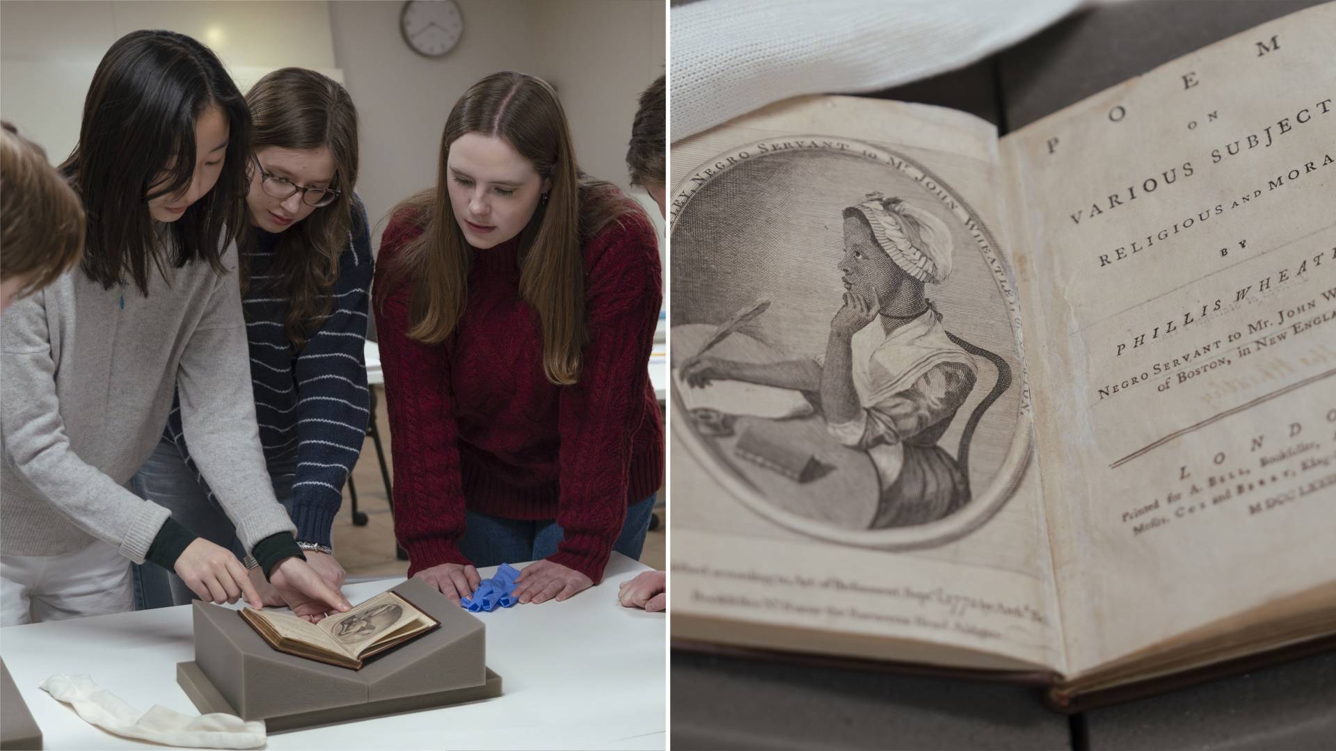 Students flip through an open book of poems by Phillis Wheatley, accompanied by a detail shot of her author portrait 