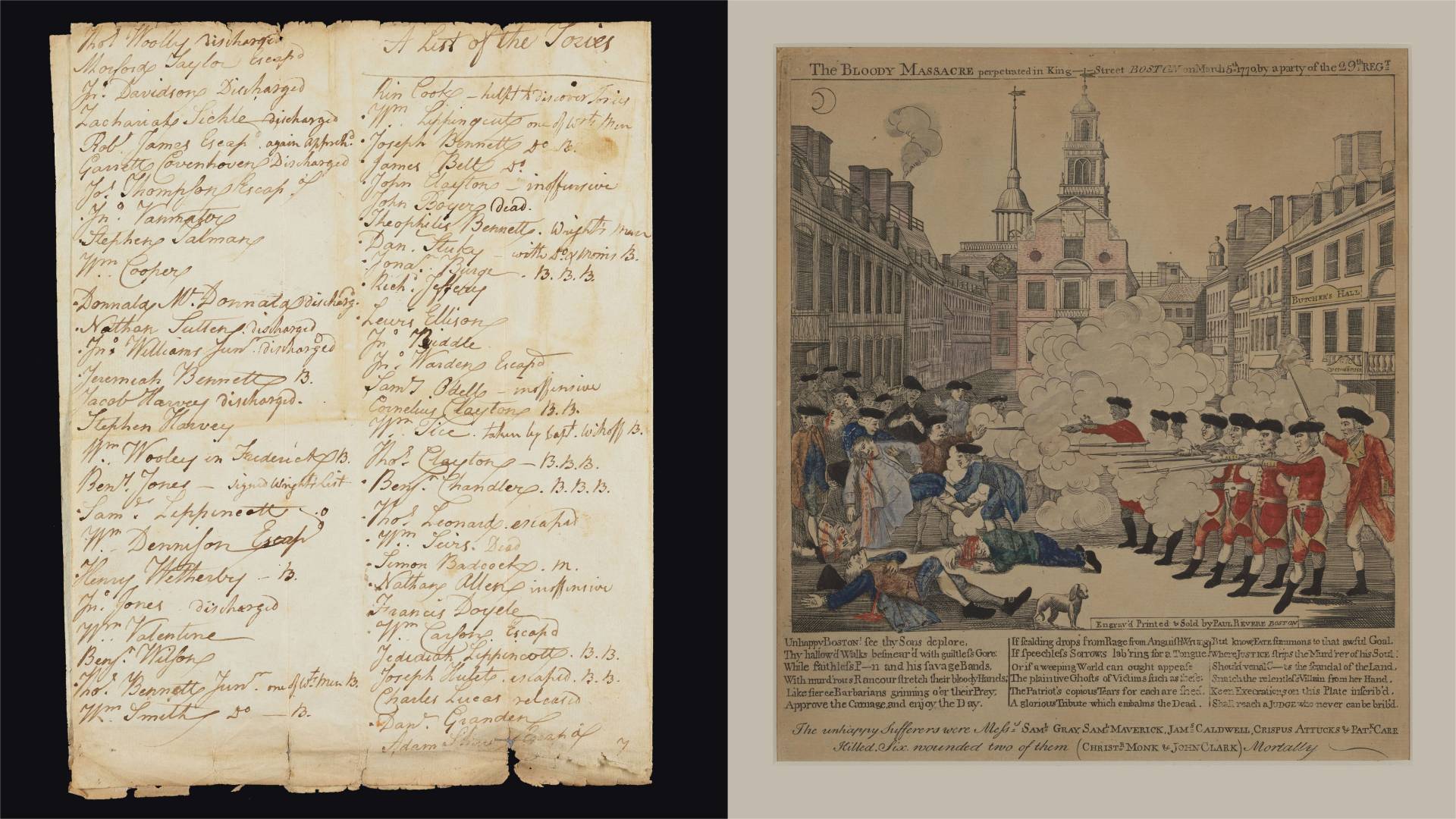 A manuscript side-by-side with a depiction of the Boston Massacre