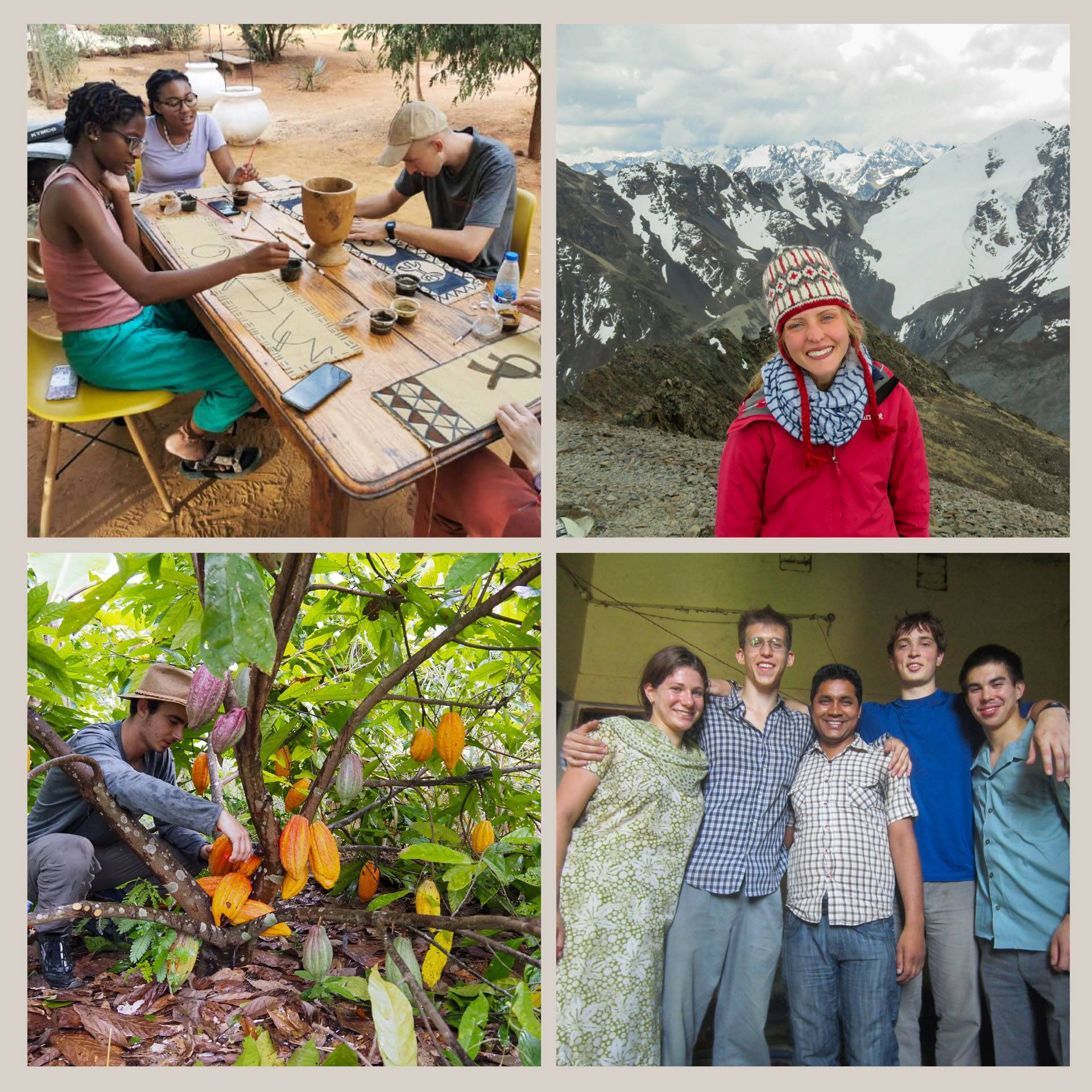 A collage of photos showing students participating in a traditional fabric dying, climbing a mountain, working with cacao and smiling together