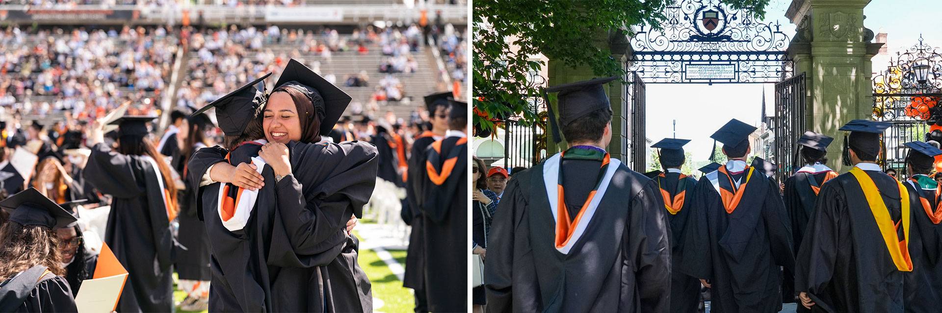 Two Princeton graduates hug; a group of students walk out of FitzRandolph Gate