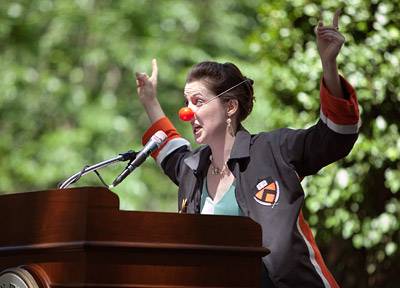 Student speaker with clown nose