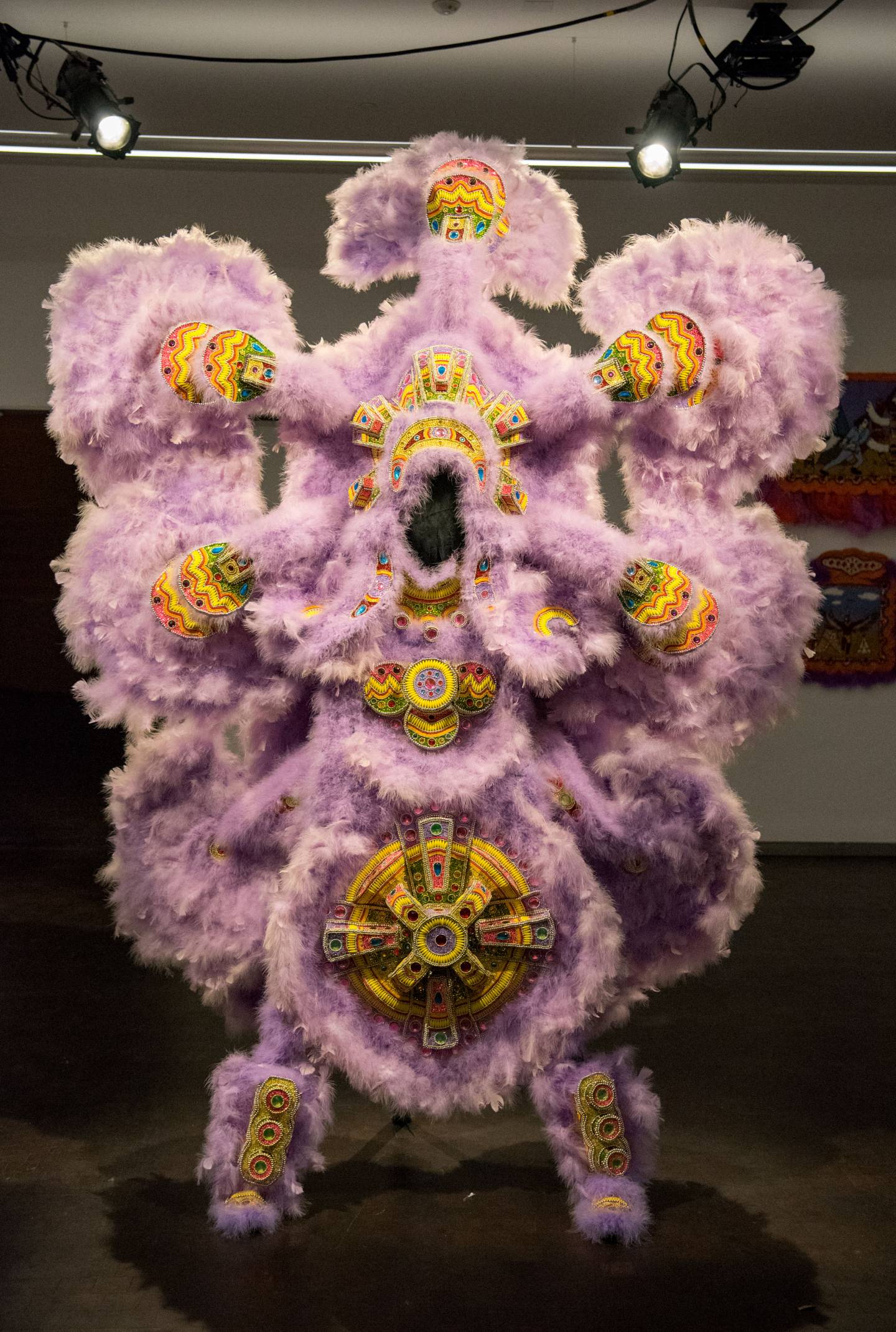 Purple feathered and beaded suit