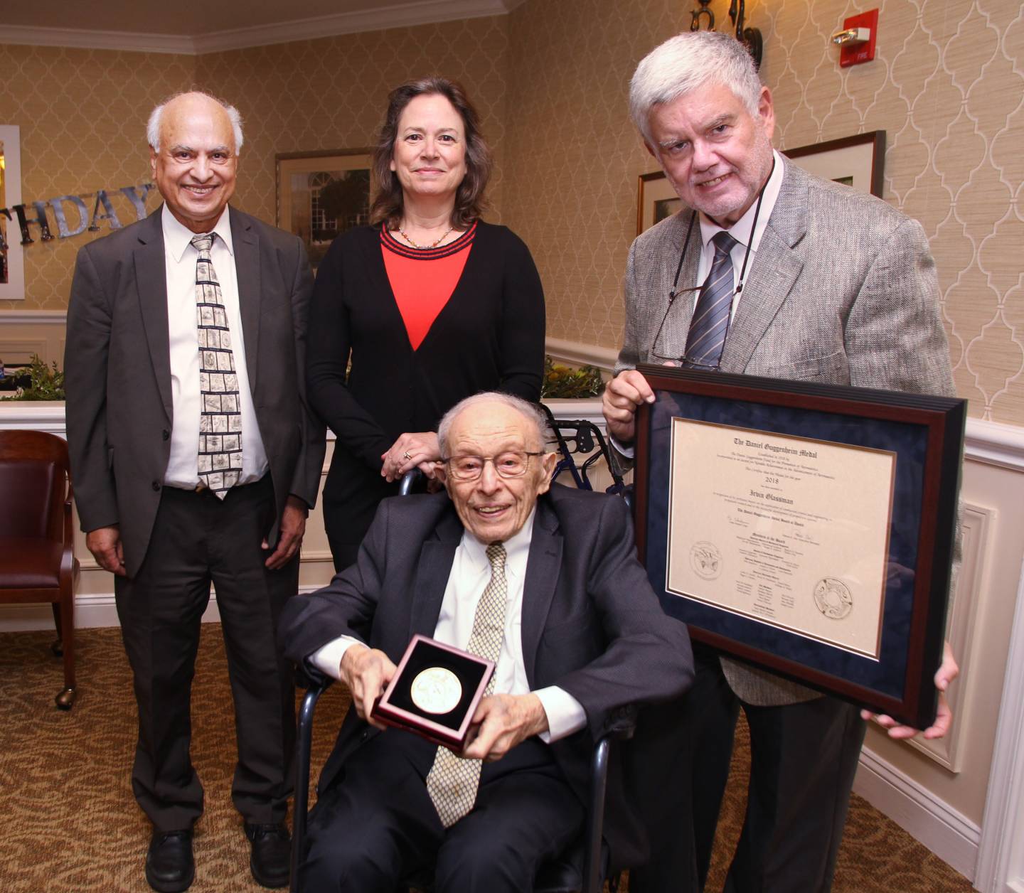 From left, Professor Inderjit Chopra, University of Maryland; Dean Emily A. Carter; Professor Glassman; and Professor Domenic Santavicca, Pennsylvania State University