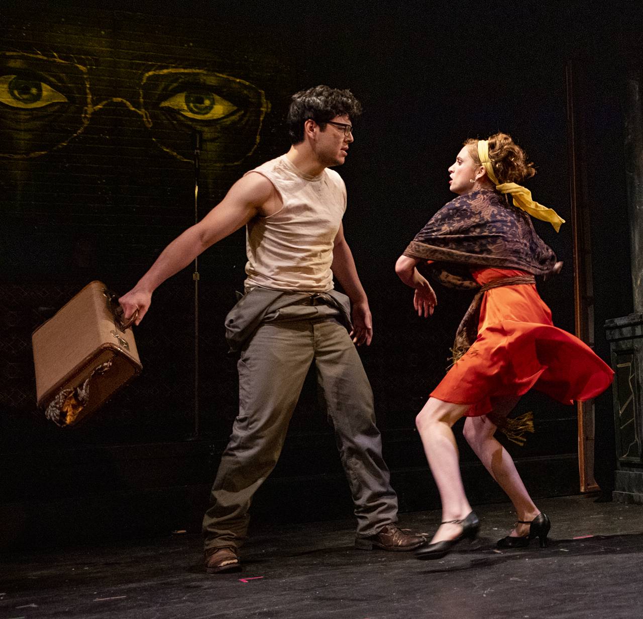 Devin Lee (left) as George Wilson and Violet Gautreau '22 as Myrtle Wilson.