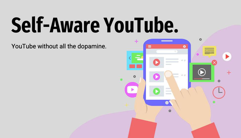 illustrattion of hands holding an tapping an iPad. Words "Self Aware YouTube. YouTube without the dopamine." on the side
