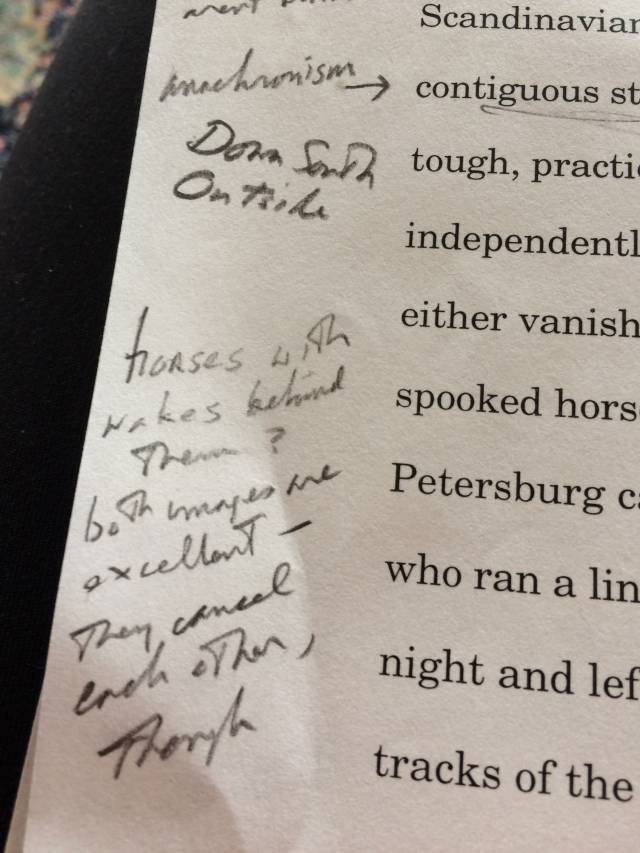 "horses with wakes behind them? both images are excellent - they cancel each other, though" by John McPhee on a school paper by Lilith Wood