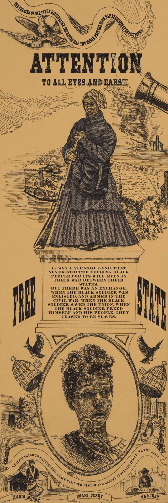 Spoken word album cover with words, "Attention, to all eyes and ears!!! It was a strange land that never stopped needing Black people for its will, even in their war between their states. But there was an exchange: when the Black soldier was enlisted, and armed in the Civil War, when the Black soldier freed himself and his people ceased to be slaves. We have tried to baptize this place with our wisdom and beauty. It sullies itself. We try again. Mario Moore/Imani Perry/ Waajeed