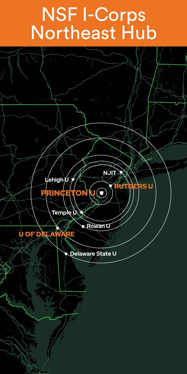 Map with NJIT, Lehigh U, Rutgers U, Princeton U, Temple U, Rowan U, U of Delaware, Delaware State U