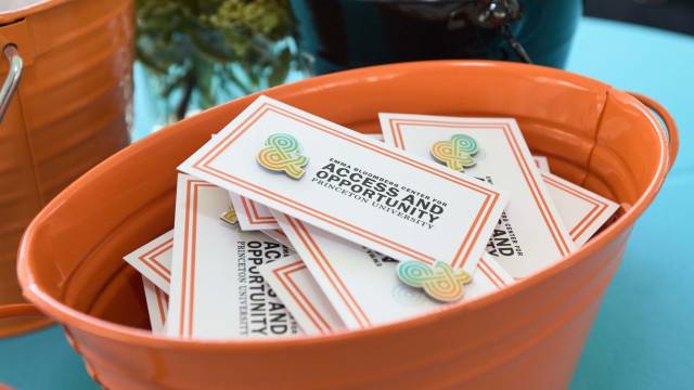 A bowl of Emma Bloomberg Center for Access and Opportunity pins